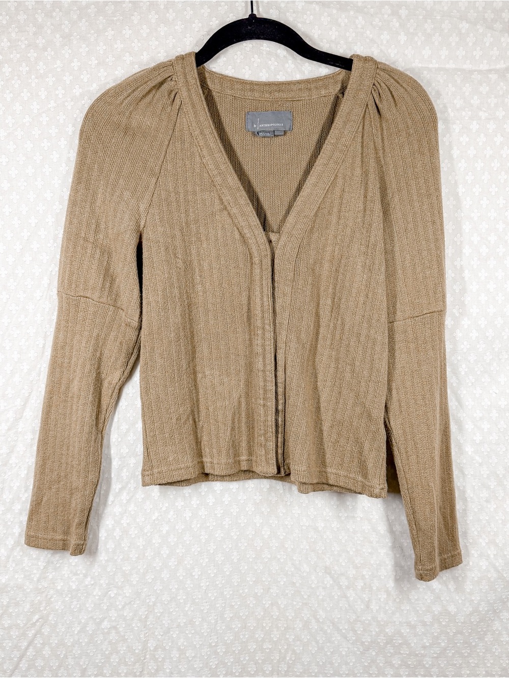 Anthropologie Olive Green‎ Pointelle Knit Button Up V Neck Top